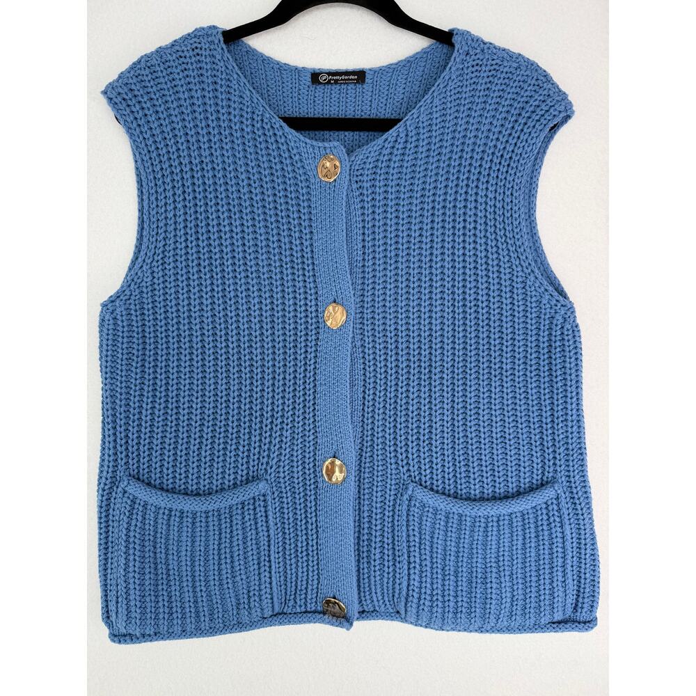 Pretty Garden Blue Button Down Chunky Knit Cardigan Sleeveless Vest M NWOT